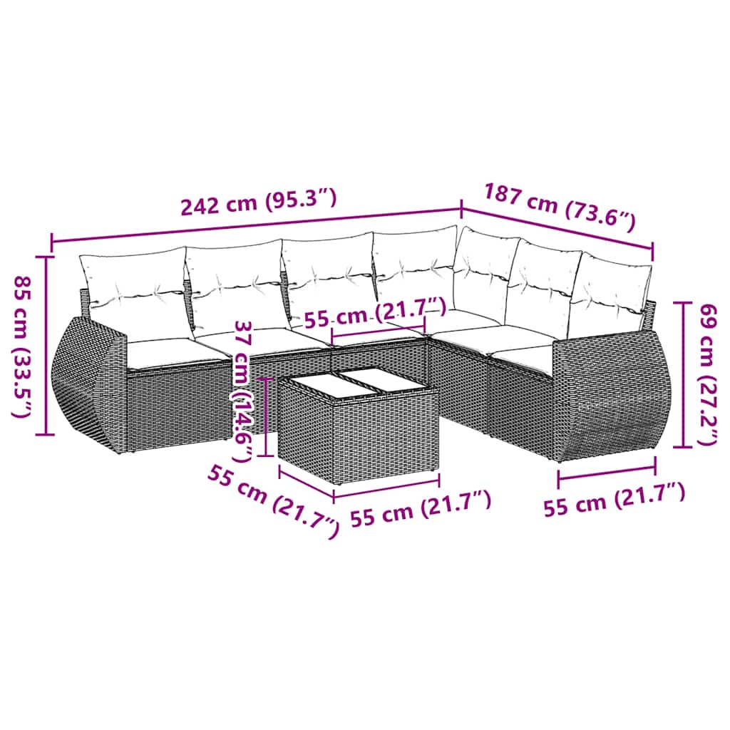 sofasæt til haven 7 dele med hynder polyrattan sort