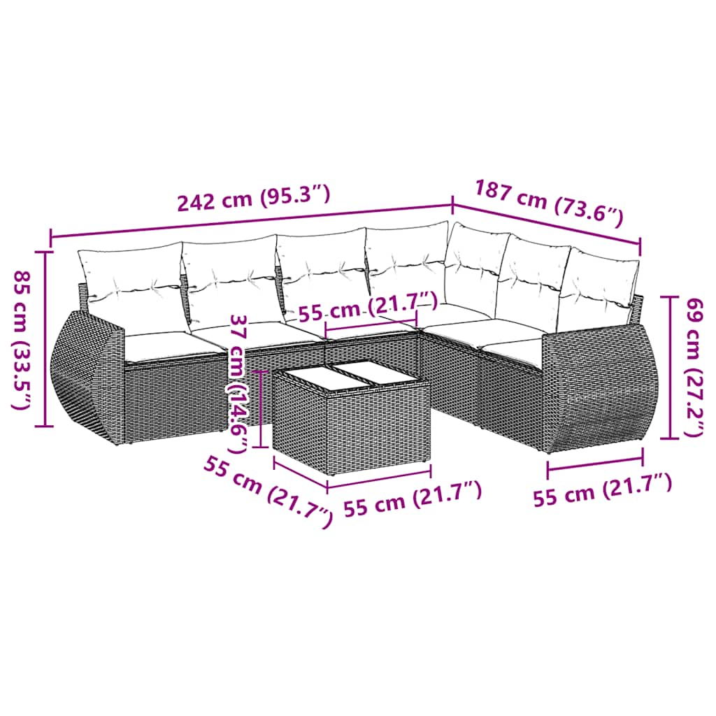 sofasæt til haven 7 dele med hynder polyrattan sort