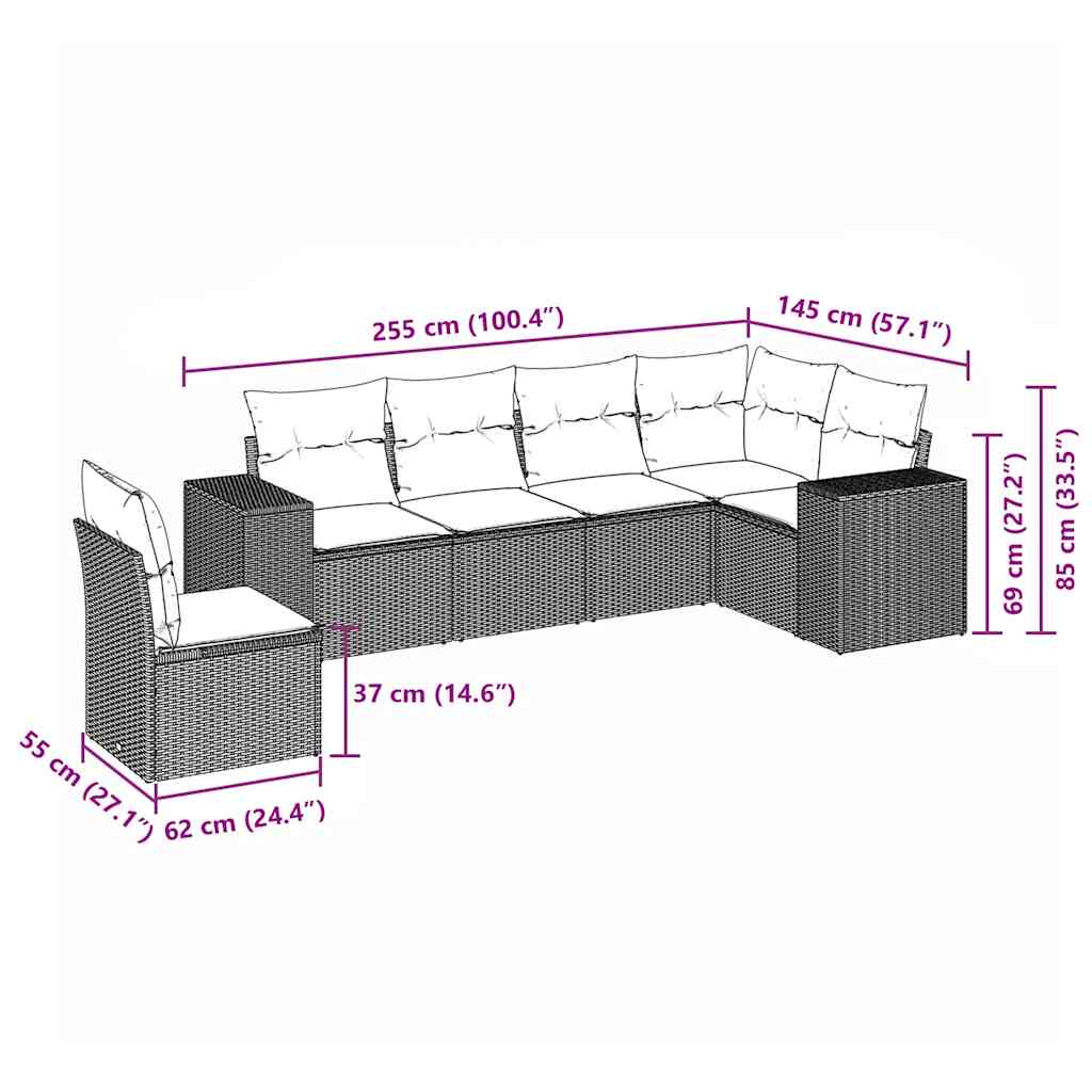 sofasæt til haven 6 dele med hynder polyrattan sort