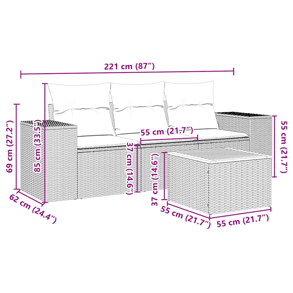 sofasæt til haven 4 dele med hynder polyrattan sort