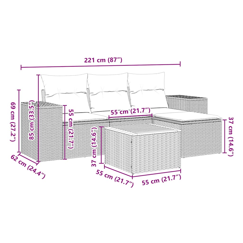 sofasæt til haven 5 dele med hynder polyrattan sort