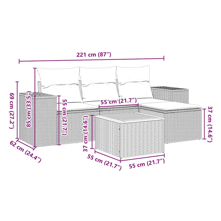 sofasæt til haven 5 dele med hynder polyrattan sort