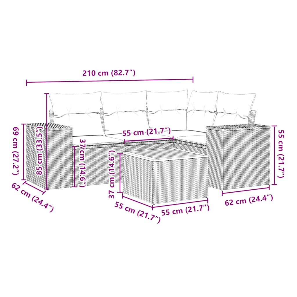 sofasæt til haven 5 dele med hynder polyrattan sort