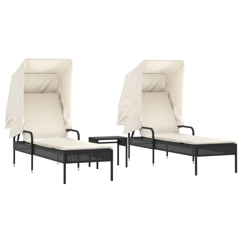liggestole 2 stk. med baldakiner og bord polyrattan sort