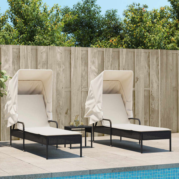 liggestole 2 stk. med baldakiner og bord polyrattan sort