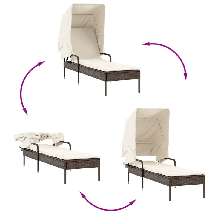 liggestole 2 stk. med baldakiner og bord polyrattan brun
