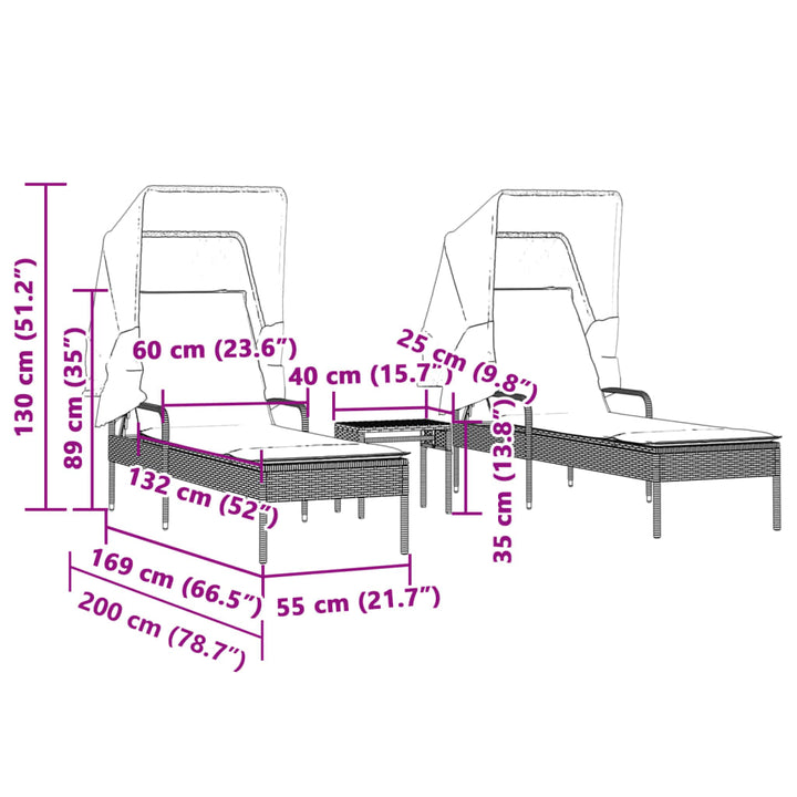 liggestole 2 stk. med baldakiner og bord polyrattan brun