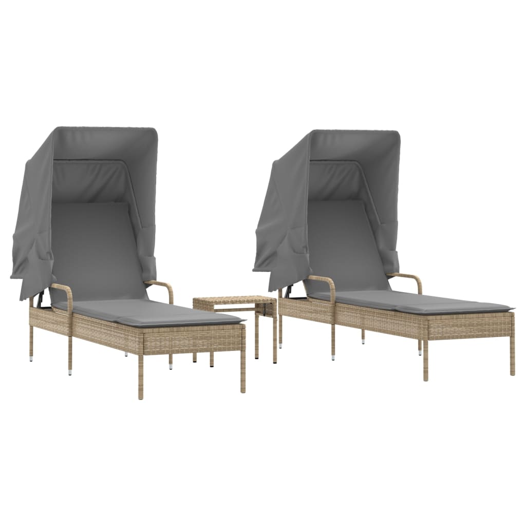 liggestole 2 stk. med baldakiner og bord polyrattan beige