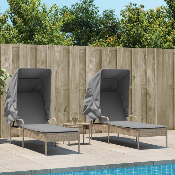 liggestole 2 stk. med baldakiner og bord polyrattan beige
