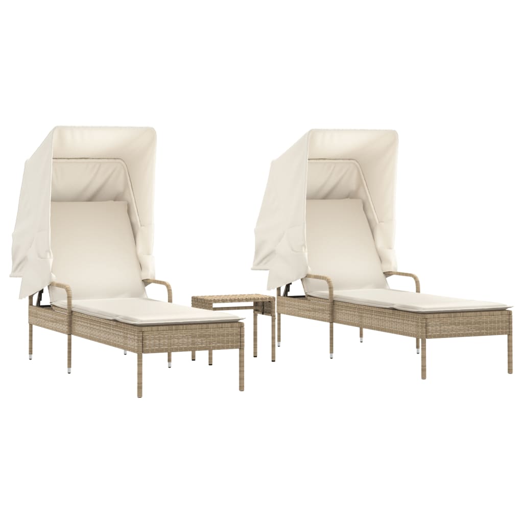 liggestole 2 stk. med baldakiner og bord polyrattan beige
