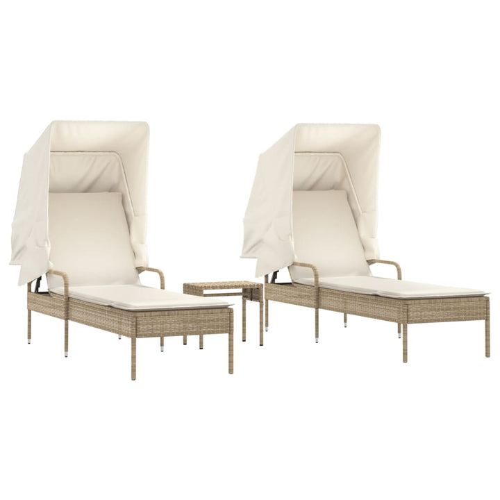 liggestole 2 stk. med baldakiner og bord polyrattan beige