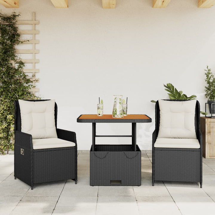 bistrosæt til haven 3 dele med hynder polyrattan sort