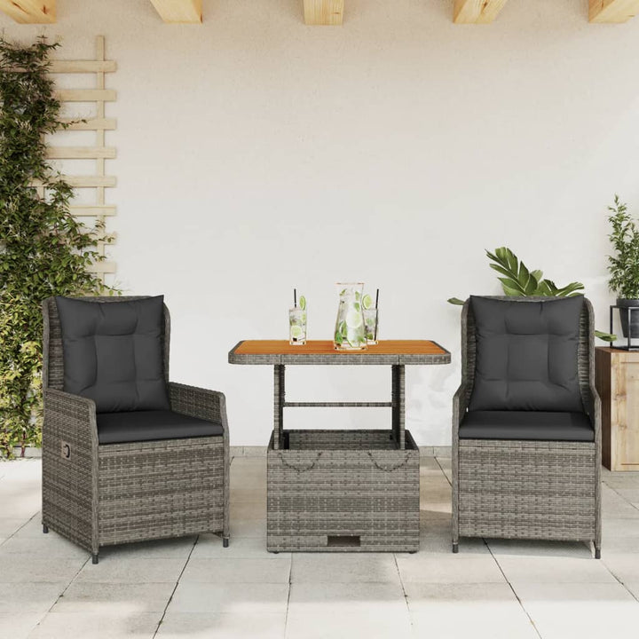 bistrosæt til haven 3 dele med hynder polyrattan grå