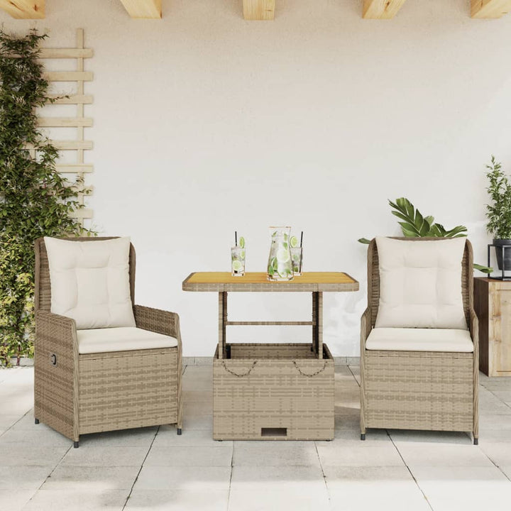 bistrosæt til haven 3 dele med hynder polyrattan beige