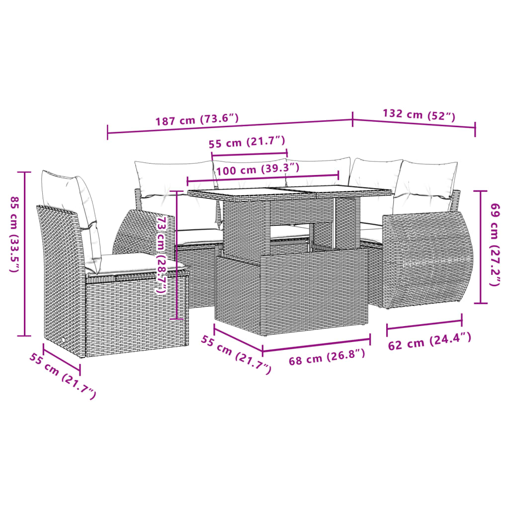 sofasæt til haven 6 dele med hynder polyrattan beige