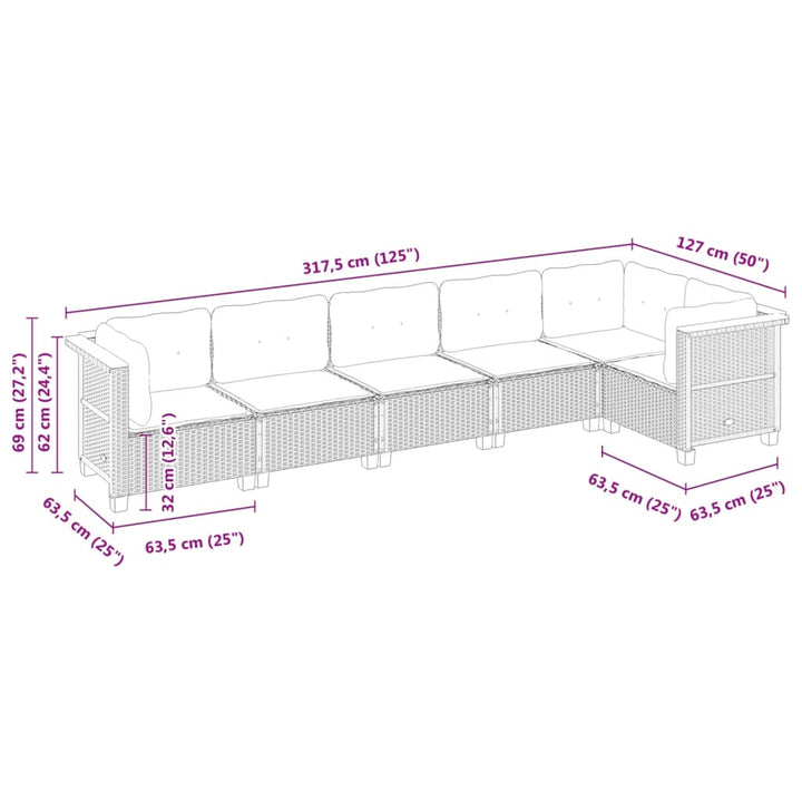 sofasæt til haven 6 dele med hynder polyrattan sort