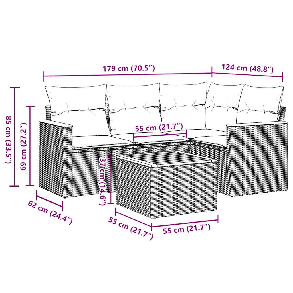 sofasæt til haven 5 dele med hynder polyrattan sort