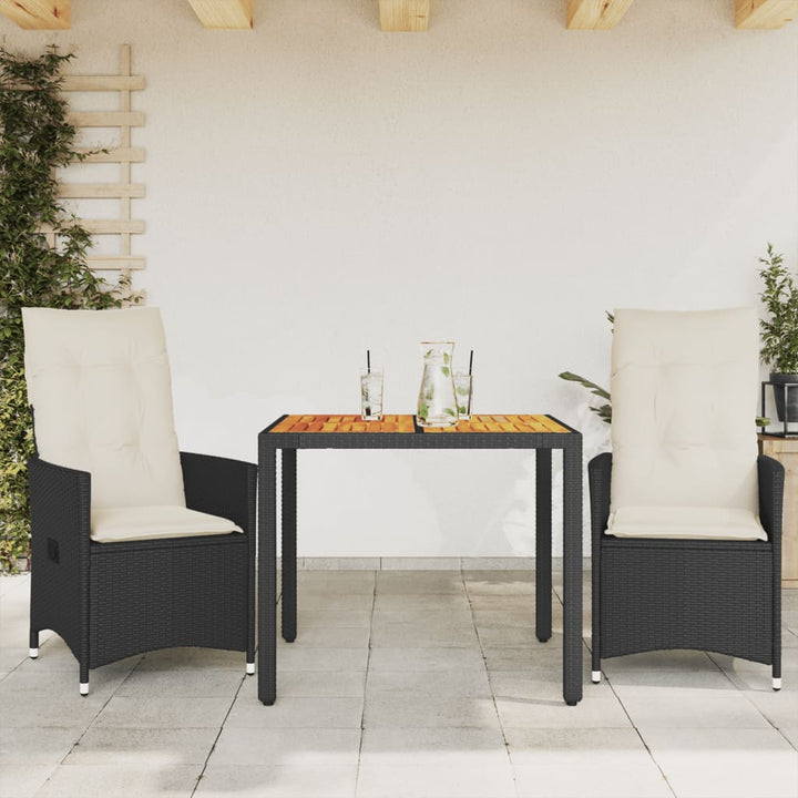 bistrosæt 3 dele med hynder polyrattan og akacietræ sort