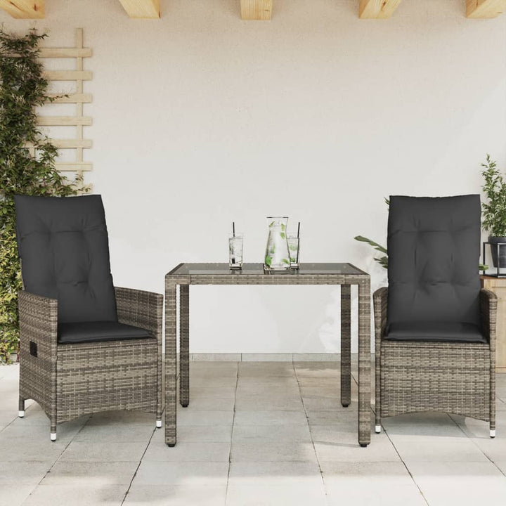 bistrosæt til haven 3 dele med hynder polyrattan grå