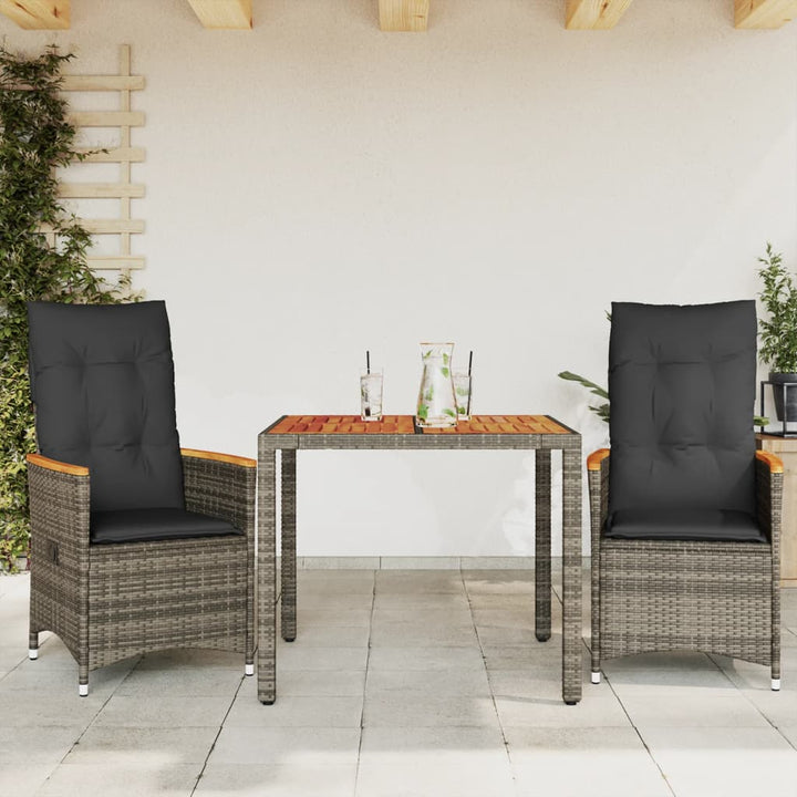 bistrosæt til haven 3 dele med hynder polyrattan grå