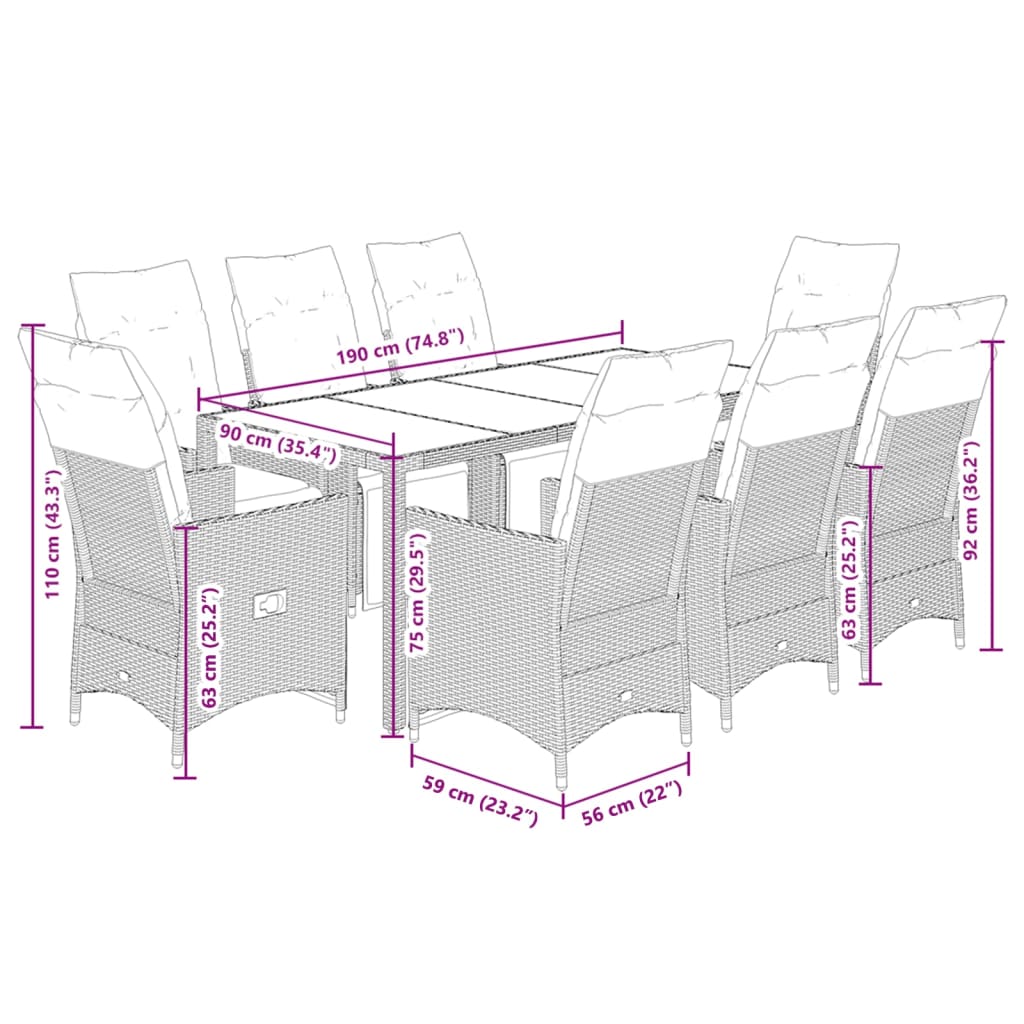 bistrosæt til haven 9 dele med hynder polyrattan grå