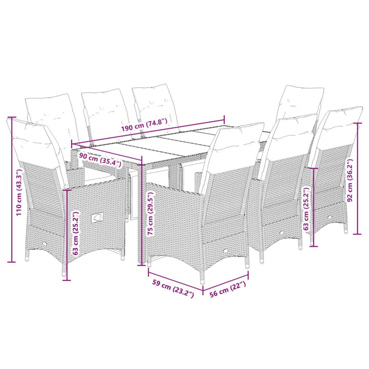 bistrosæt til haven 9 dele med hynder polyrattan grå