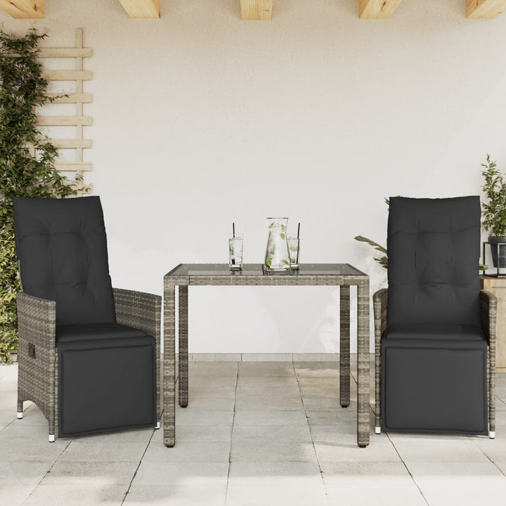 bistrosæt til haven 3 dele med hynder polyrattan grå