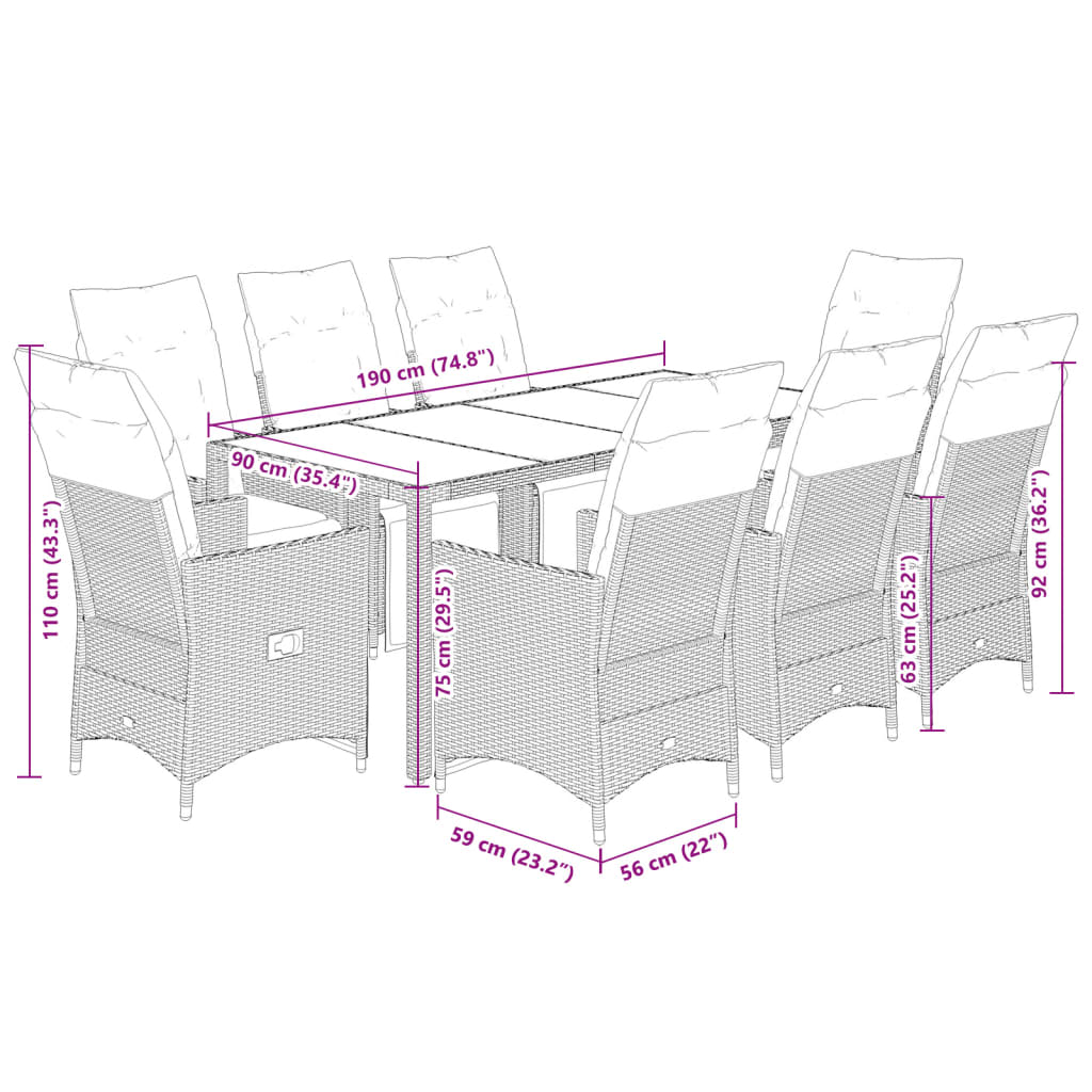 bistrosæt til haven 9 dele med hynder polyrattan beige