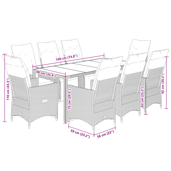 bistrosæt til haven 9 dele med hynder polyrattan beige