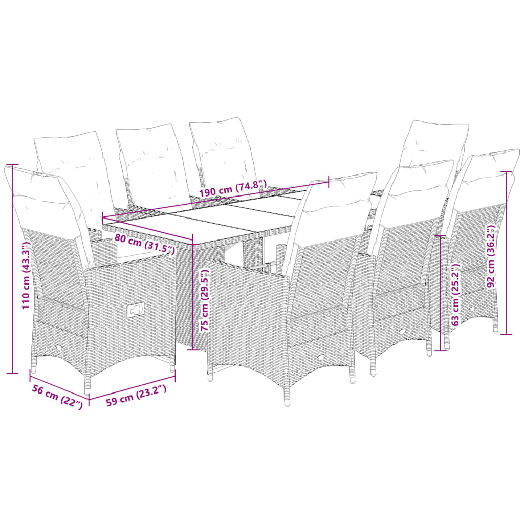bistrosæt til haven 9 dele med hynder polyrattan beige