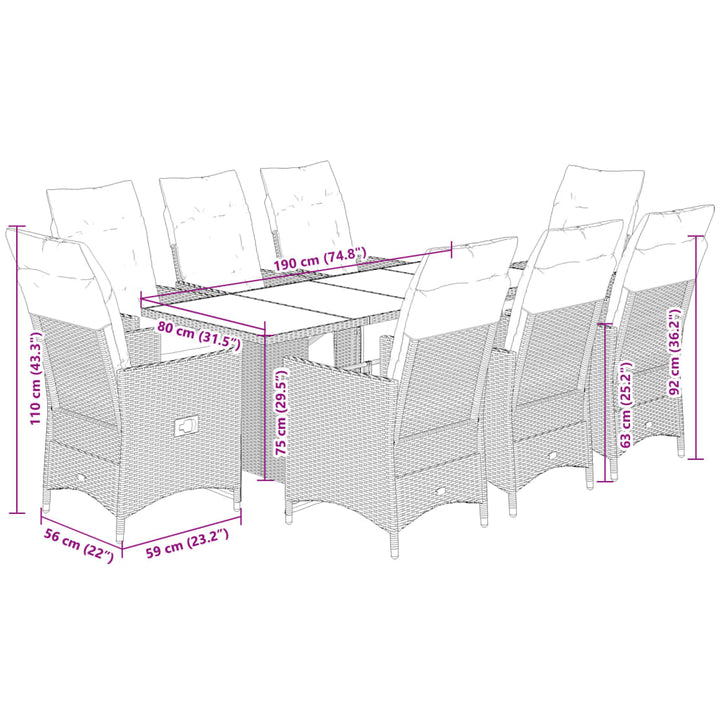 bistrosæt til haven 9 dele med hynder polyrattan beige