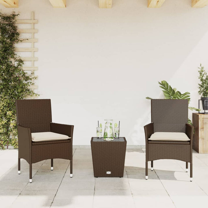 bistrosæt til haven 3 dele med hynder polyrattan og glas brun