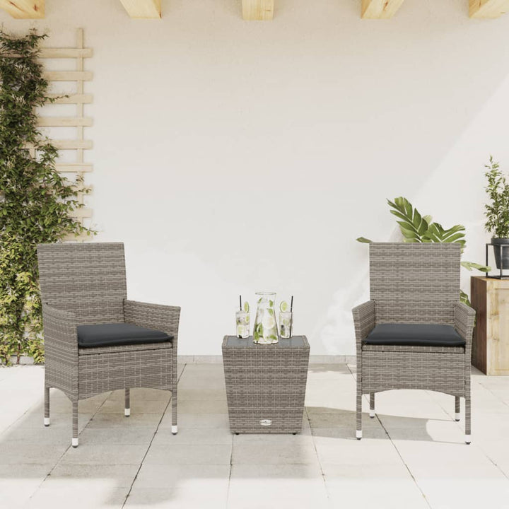 bistrosæt til haven 3 dele med hynder polyrattan og glas grå
