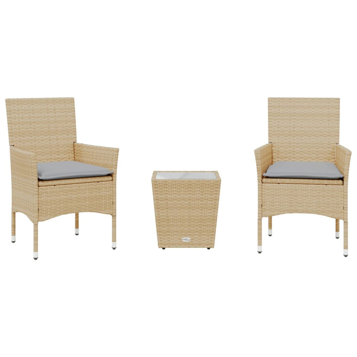 bistrosæt til haven 3 dele med hynder polyrattan og glas beige