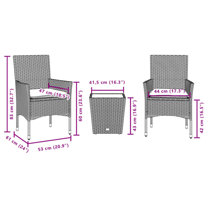 bistrosæt til haven 3 dele med hynder polyrattan og glas beige