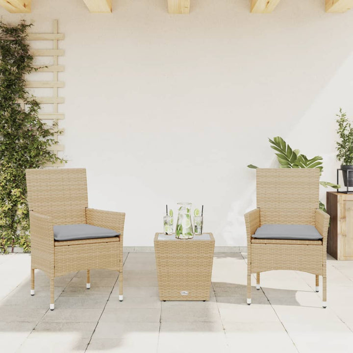 bistrosæt til haven 3 dele med hynder polyrattan og glas beige