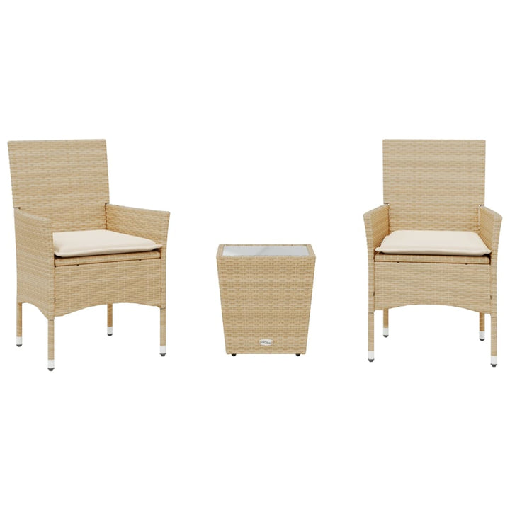 bistrosæt til haven 3 dele med hynder polyrattan og glas beige
