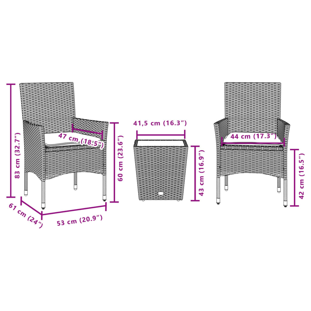 bistrosæt til haven 3 dele med hynder polyrattan og glas beige