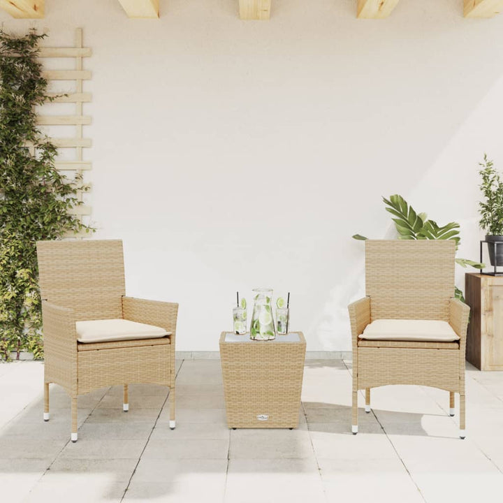 bistrosæt til haven 3 dele med hynder polyrattan og glas beige
