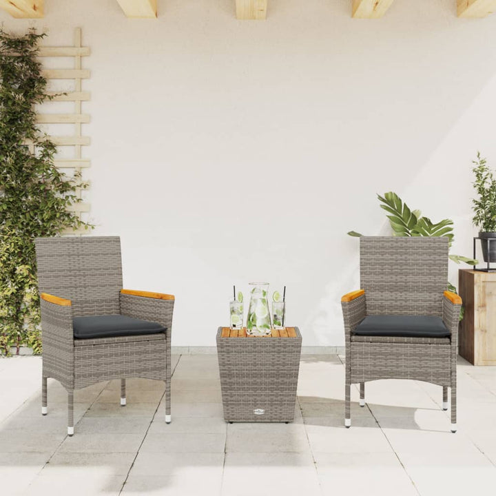 bistrosæt til haven 3 dele med hynder polyrattan og glas grå