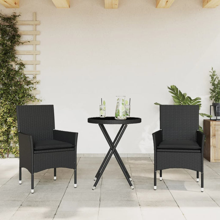 bistrosæt til haven 3 dele med hynder polyrattan og glas sort