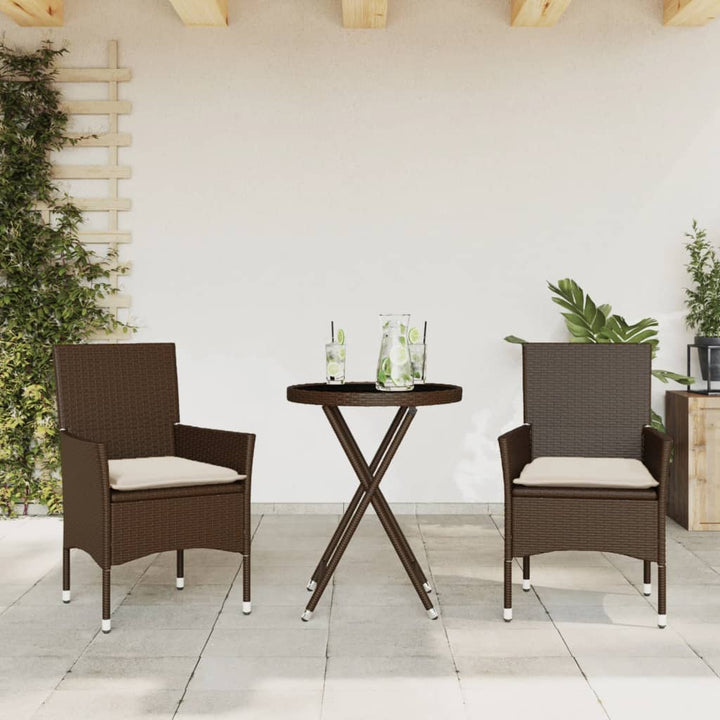 bistrosæt til haven 3 dele med hynder polyrattan og glas brun