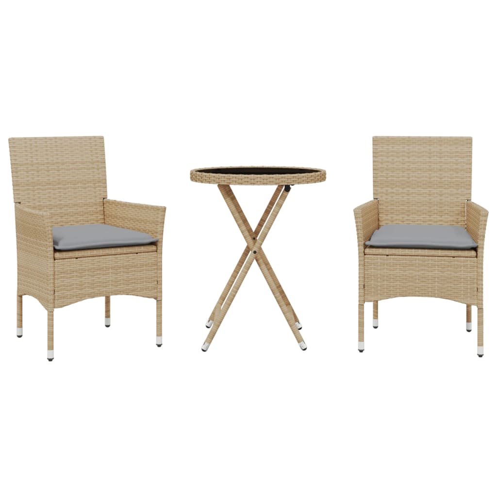 bistrosæt til haven 3 dele med hynder polyrattan og glas beige
