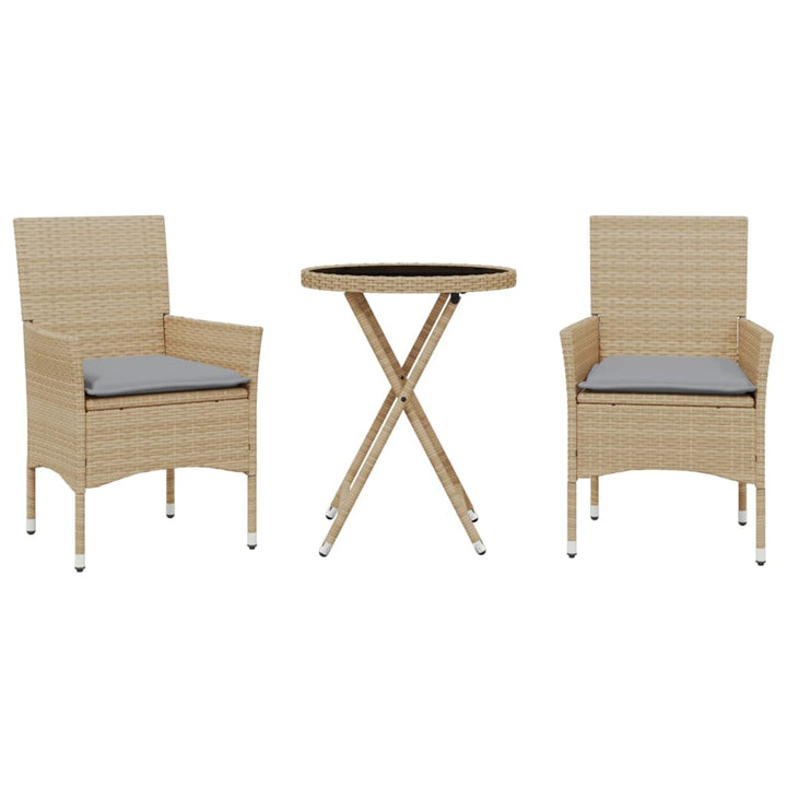 bistrosæt til haven 3 dele med hynder polyrattan og glas beige