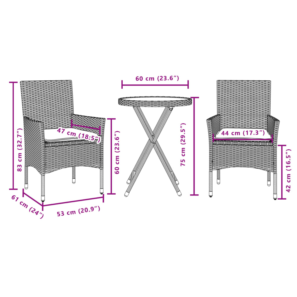 bistrosæt til haven 3 dele med hynder polyrattan og glas beige