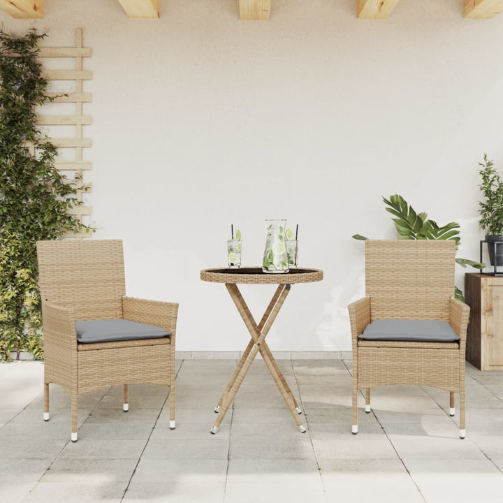 bistrosæt til haven 3 dele med hynder polyrattan og glas beige