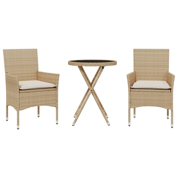 bistrosæt til haven 3 dele med hynder polyrattan og glas beige