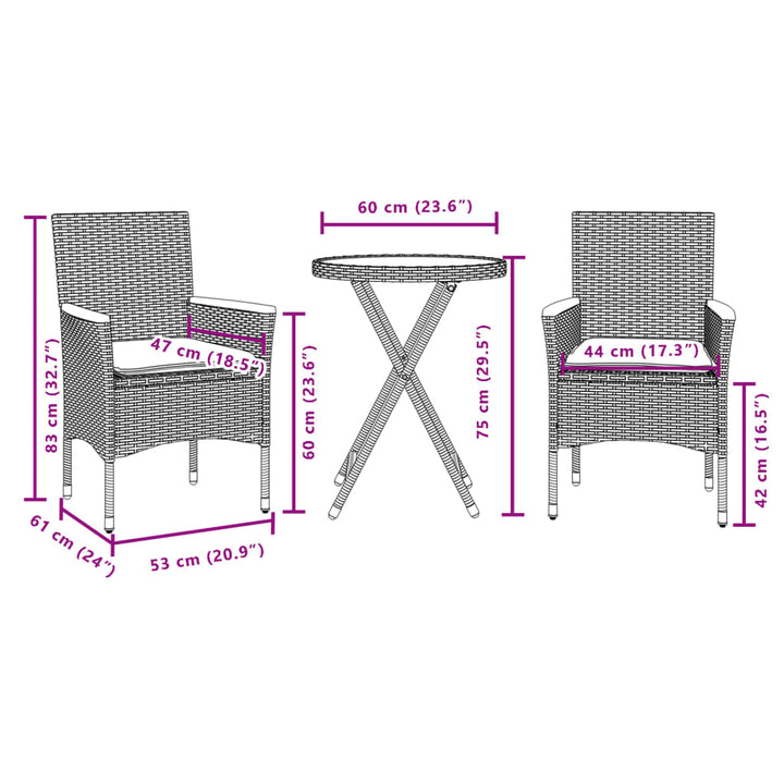 bistrosæt til haven 3 dele med hynder polyrattan og glas sort