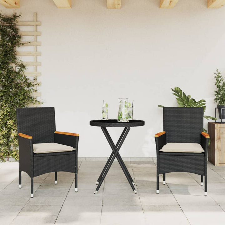 bistrosæt til haven 3 dele med hynder polyrattan og glas sort