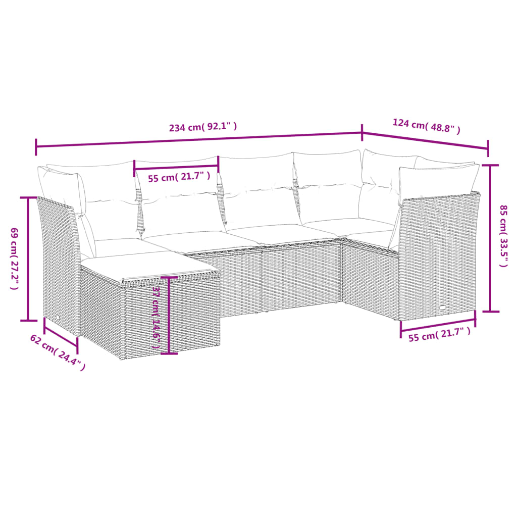 sofasæt til haven 6 dele med hynder polyrattan grå
